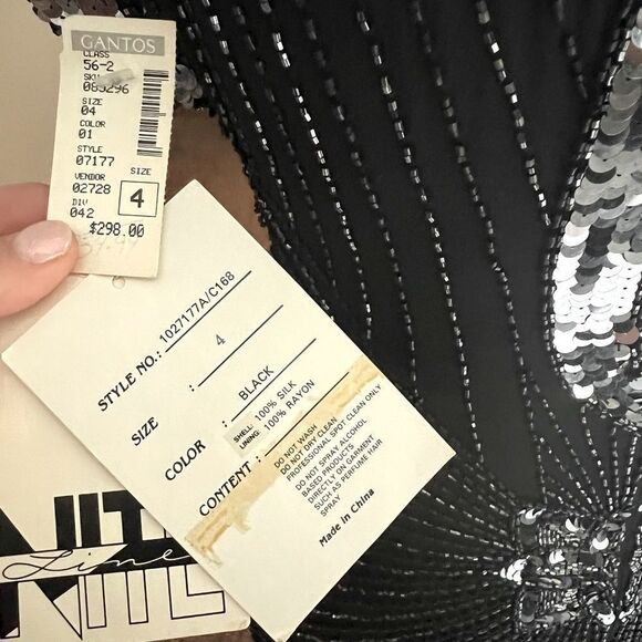 NWT Vintage BlackBeaded Long Evening Gown Cap Drape Sleeve Shoulder Pads Size 4 - Picture 4 of 16